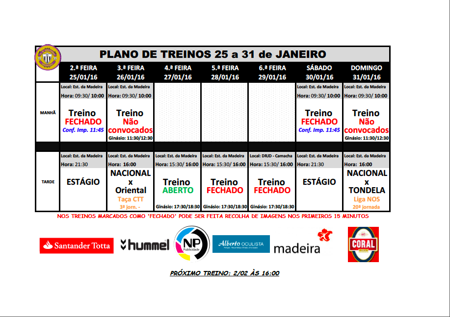 Plano de treinos 25 a 31 de janeiro