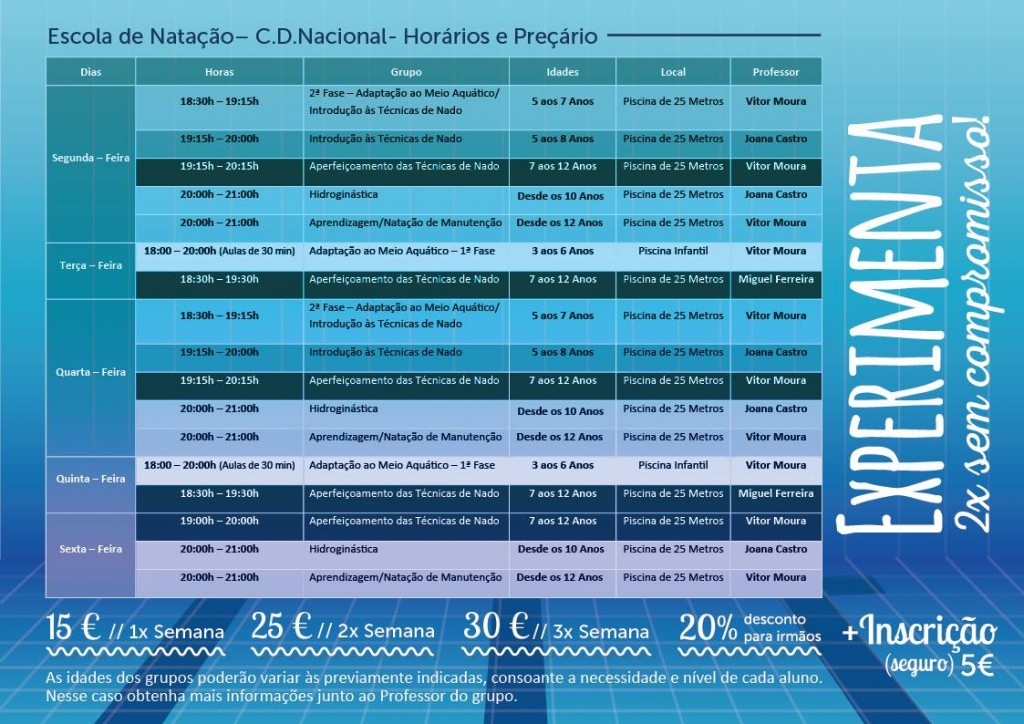 escola de natacao horarios e precos