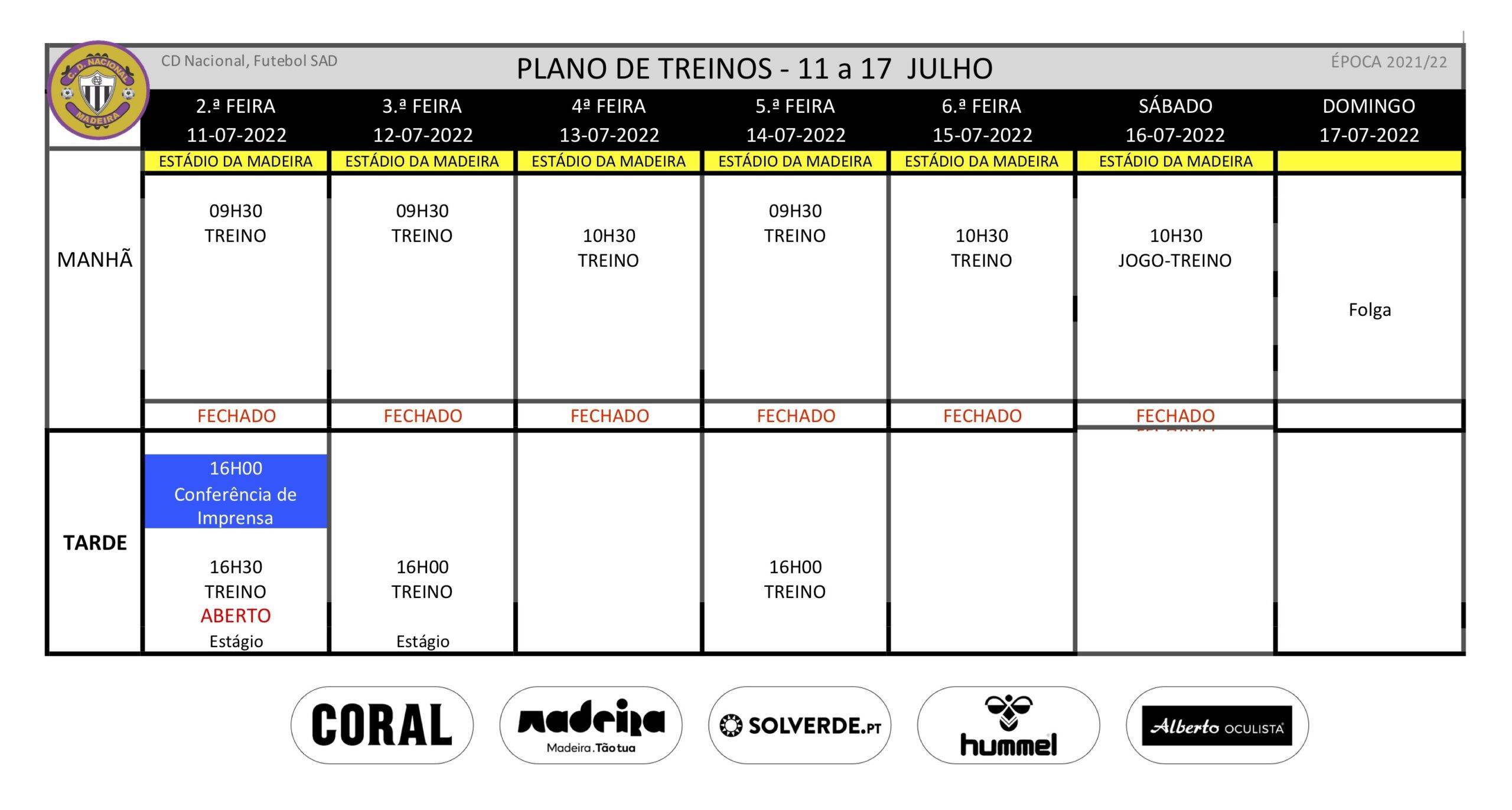 Plano de Treinos do Futebol Profissional – 11 a 17 de Julho